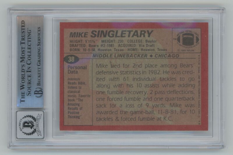 1983 TOPPS MIKE SINGLETARY ROOKIE AUTO BECKETT 10 CHICAGO BEARS #38 INSCRIBED - Image 3