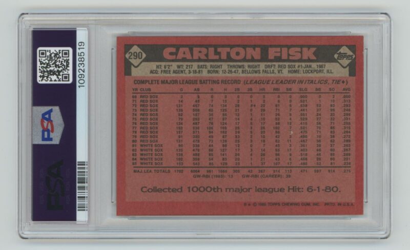 1986 TOPPS CARLTON FISK PSA 7 CHICAGO WHITE SOX #290 - Image 3