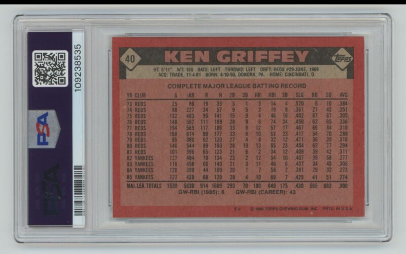 1986 TOPPS KEN GRIFFEY PSA 7 NEW YORK YANKEES #40 - Image 3