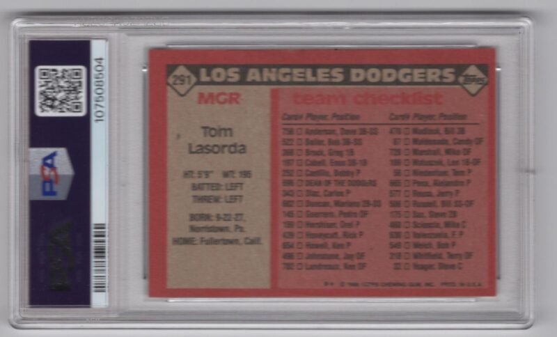 1986 TOPPS TOMMY LASORDA PSA 8 LOS ANGELES DODGERS #291 TOTAL POP ONLY 56 - Image 3