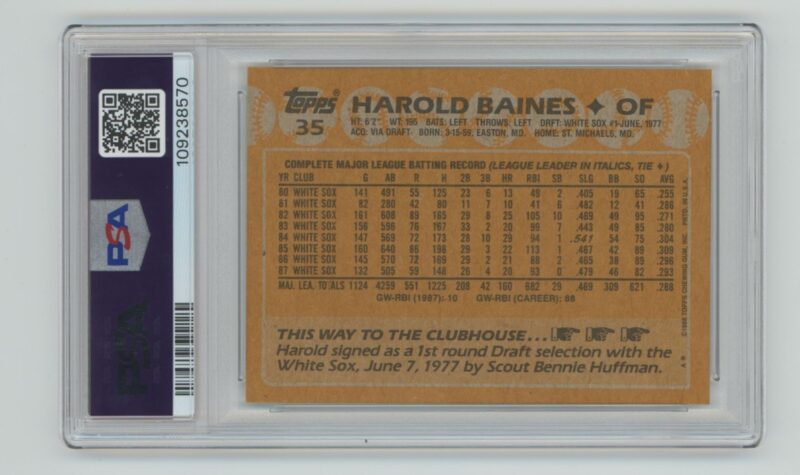 1988 TOPPS HAROLD BAINES PERFECT PSA 10 PSA 10 CHICAGO WHITE SOX #35 TOTAL POP - Image 3