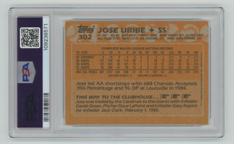 1988 TOPPS JOSE URIBE PSA 6 SAN FRANCISCO GIANTS #302 POP 3, TOTAL POP 31 - Image 3