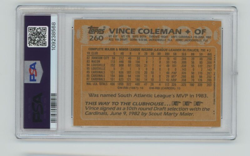 1988 TOPPS VINCE COLEMAN PSA 9 ST. LOUIS CARDINALS #260 POP 4, ONLY 4 HIGHER - Image 3