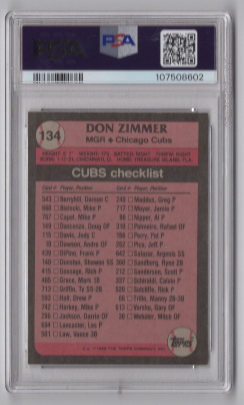 1989 TOPPS DON ZIMMER PSA 9 CHICAGO CUBS #134 POP 9 ONLY 9 HIGHER - Image 3