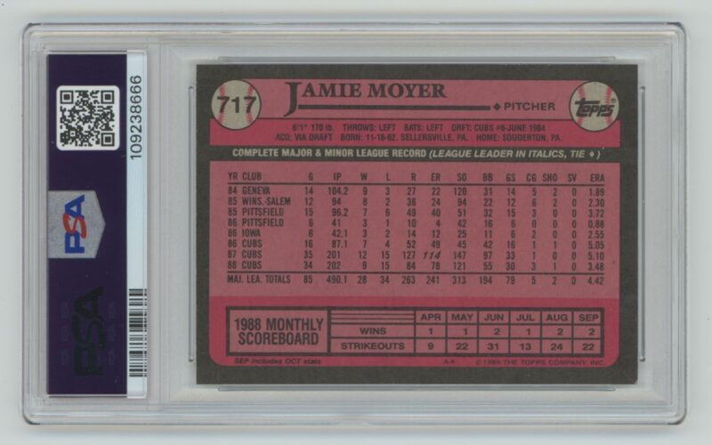 1989 TOPPS JAMIE MOYER PSA 9 CHICAGO CUBS #717 POP 2 ONLY 1 HIGHER - Image 3
