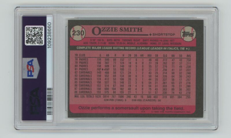 1989 TOPPS OZZIE SMITH PSA 7 ST. LOUIS CARDINALS #230 - Image 3