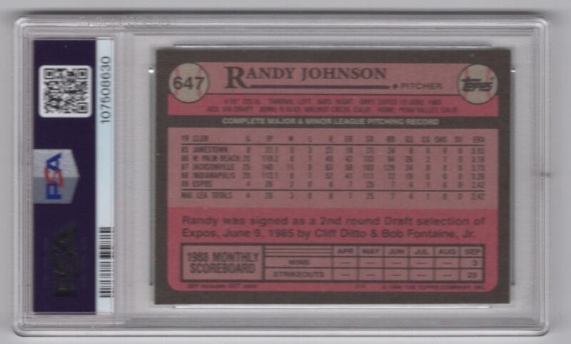 1989 TOPPS RANDY JOHNSON ROOKIE ROOKIE PSA 10 MONTREAL EXPOS #647 PERFECT PSA 10 - Image 3