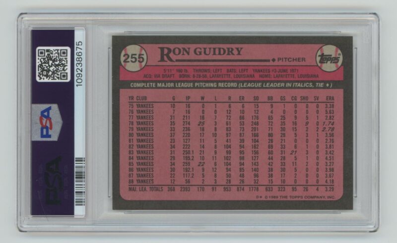 1989 TOPPS RON GUIDRY PSA 8 NEW YORK YANKEES #255 POP 6, TOTAL POP 46 - Image 3