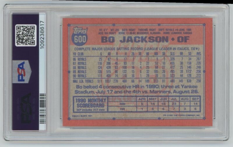 1991 TOPPS BO JACKSON PSA 9 KANSAS CITY ROYALS #600 - Image 3