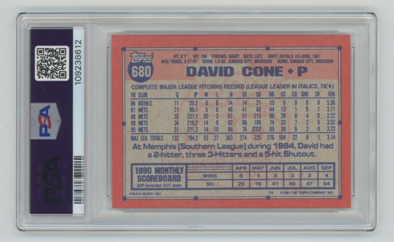1991 TOPPS DAVID CONE PSA 8 NEW YORK METS #680 POP 4, ONLY 7 HIGHER - Image 3