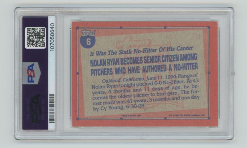 1991 TOPPS NOLAN RYAN 107058640 PSA 8 TEXAS RANGERS #6 - Image 3
