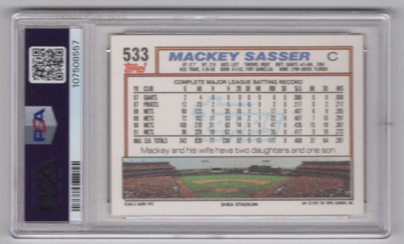 1992 TOPPS MACKEY SASSER PSA 9 NEW YORK METS #533 POP 4 ONLY 1 HIGHER - Image 3