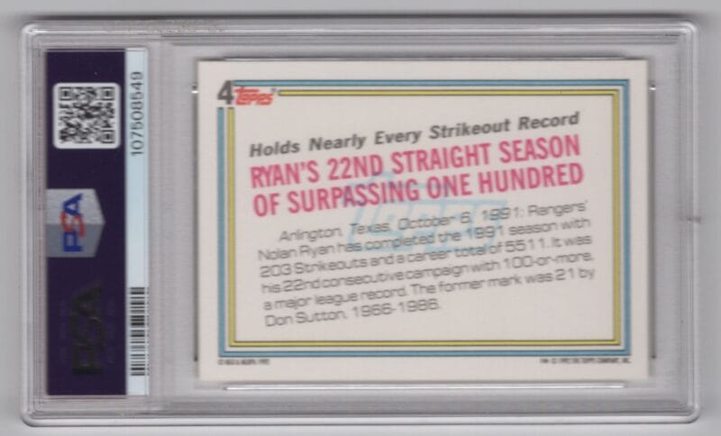 1992 TOPPS NOLAN RYAN PSA 9 TEXAS RANGERS #4 - Image 3
