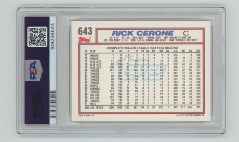1992 TOPPS RICK CERONE PSA 7 NEW YORK METS #643 POP 1, ONLY 6 HIGHER - Image 3