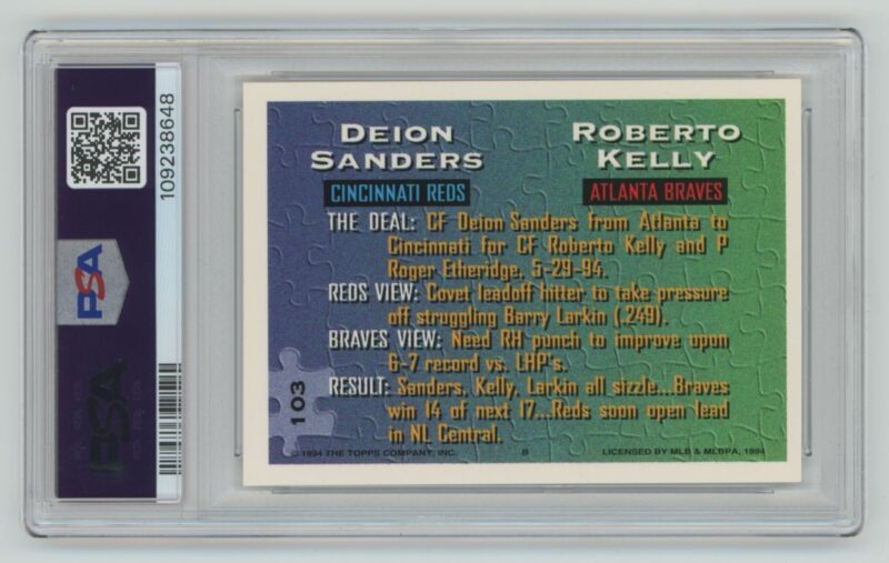 1994 TOPPS DEION SANDERS ROBERTO KELLY PSA 8 CINCINNATI REDS ATLANTA BRAVES #103 - Image 3