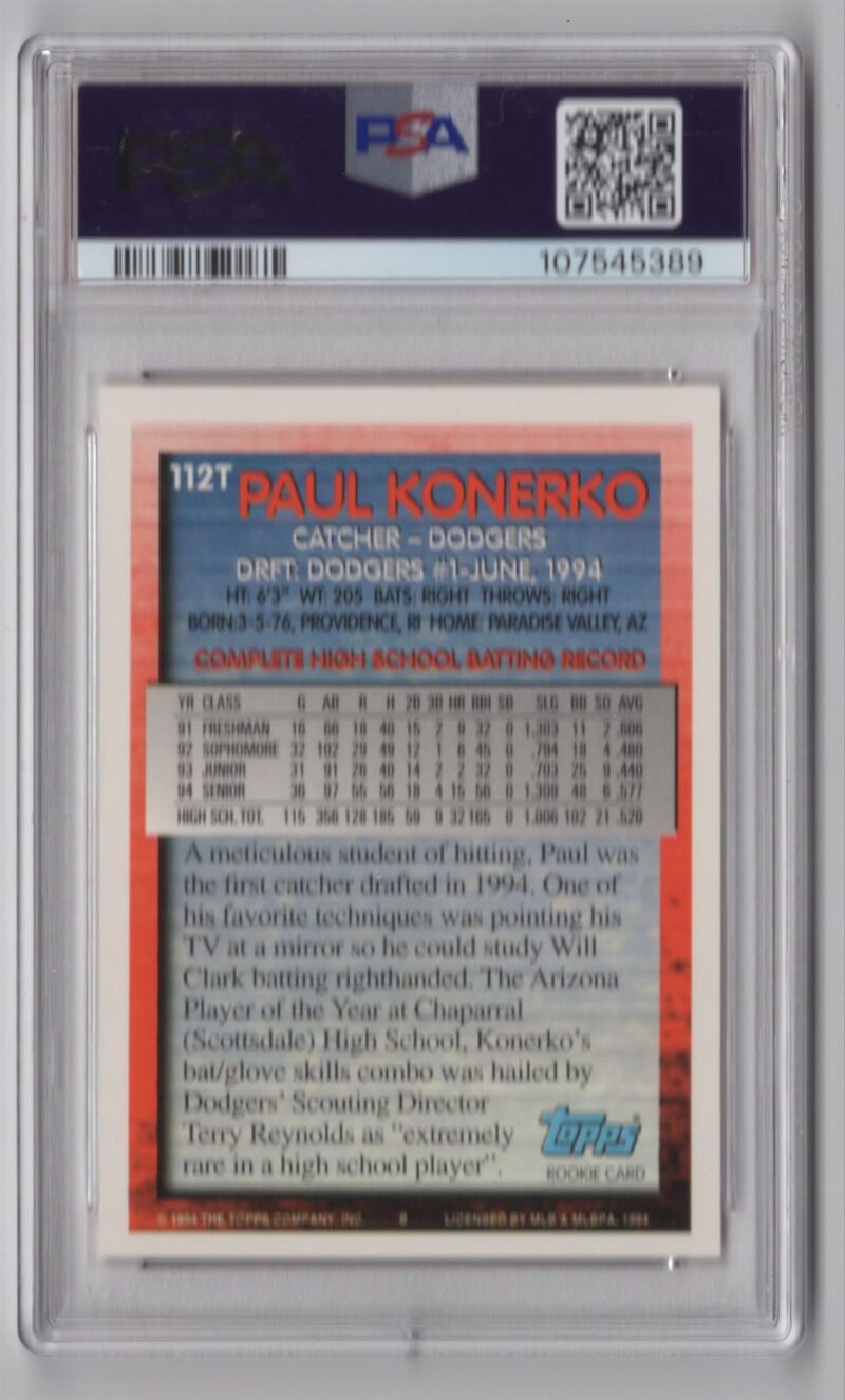 1994 TOPPS PAUL KONERKO PSA 8 LOS ANGELES DODGERS #112T POP - Image 3