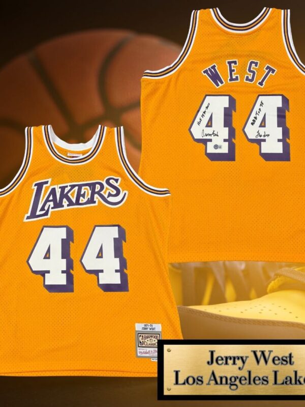 Jerry West Autographed Los Angeles Lakers Jersey with Multiple Inscriptions