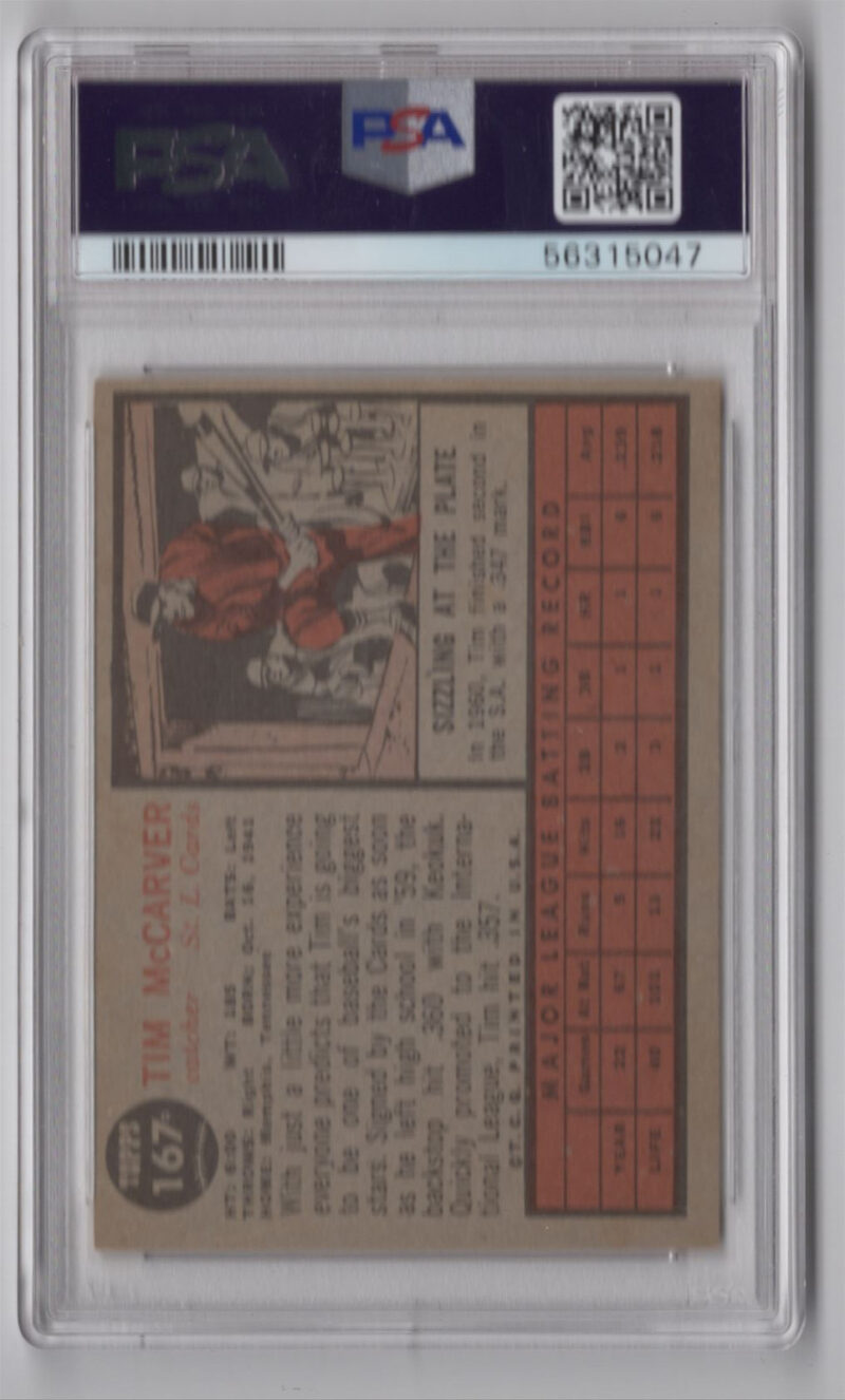 1962 TOPPS 3-15 TIM MCCARVER ROOKIE PSA 7 ST. LOUIS CARDINALS #167 - Image 3