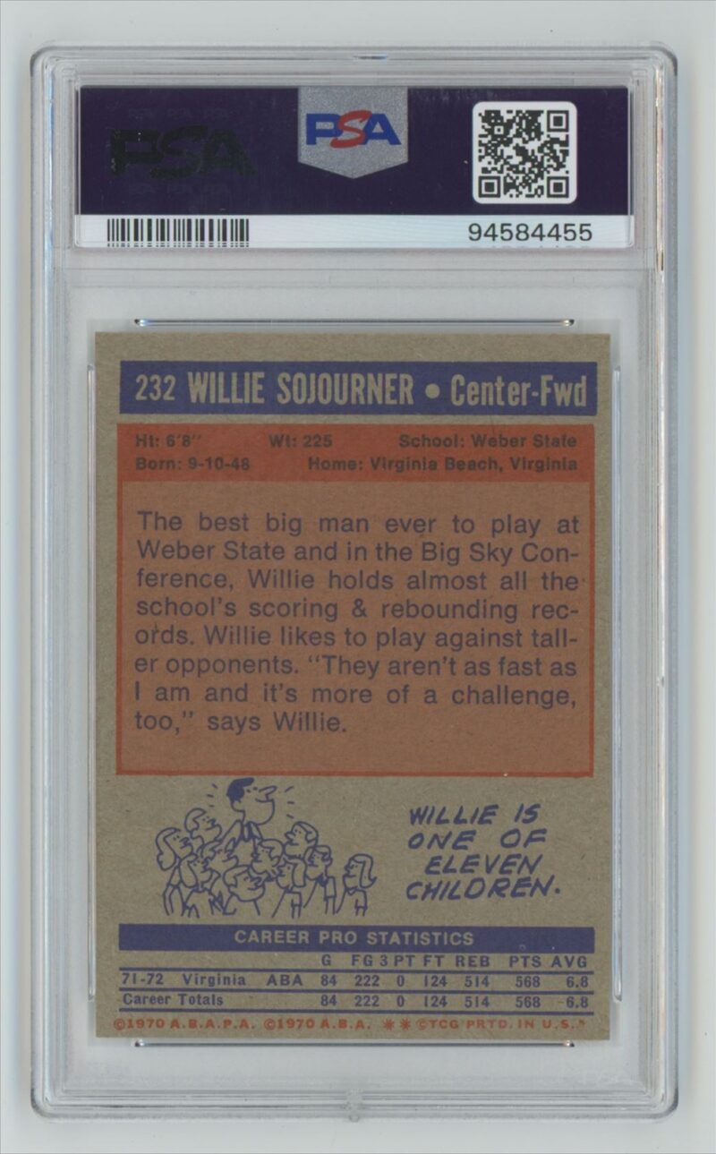 1972-73 TOPPS WILLIE SOJOURNER ROOKIE AUTO PSA 9 VIRGINIA SQUIRES #232 PSA 9 - Image 3