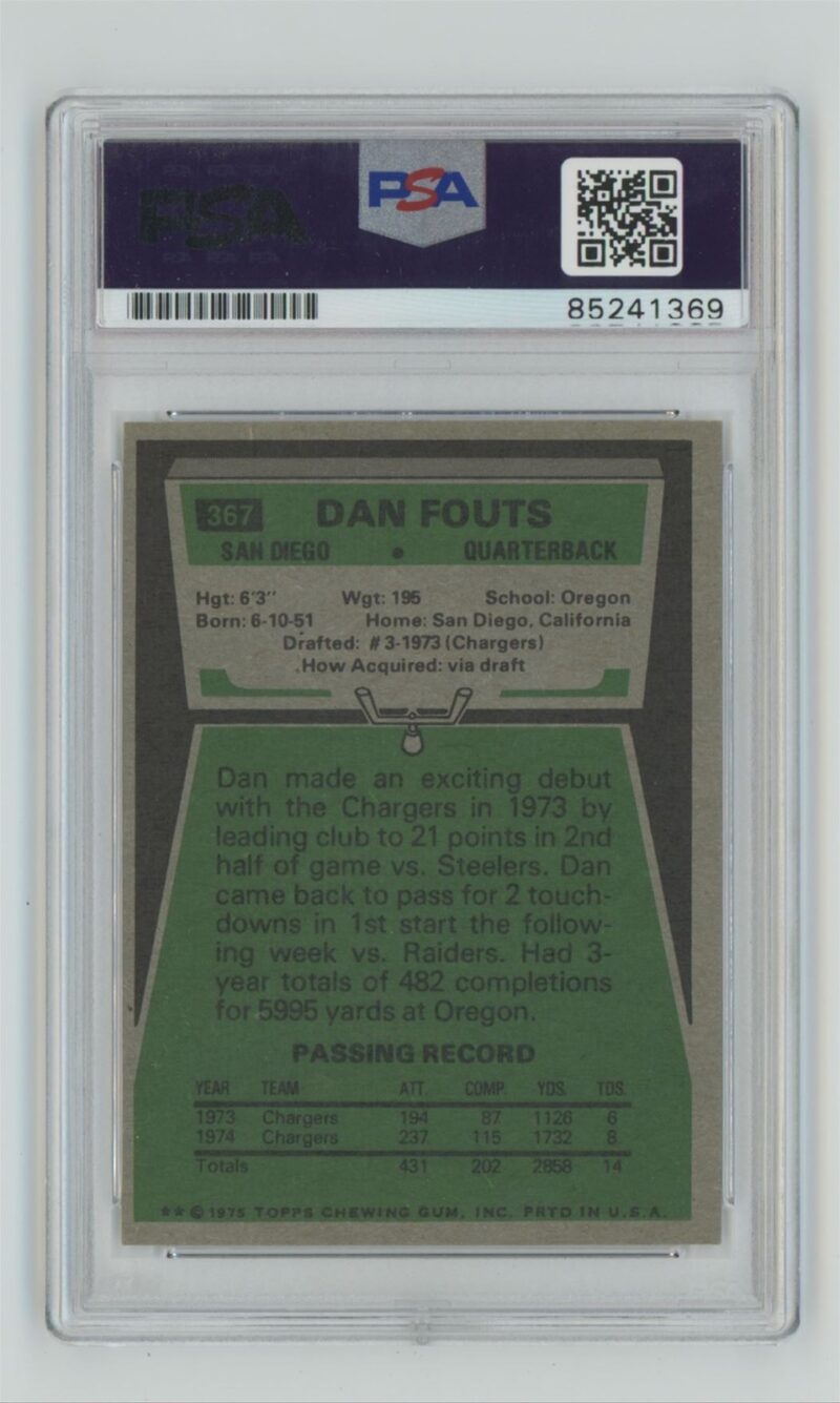 1975 TOPPS DAN FOUTS ROOKIE AUTO PSA SAN DIEGO CHARGERS 367 AUTHENTIC SIGNATURE 286685215065 2