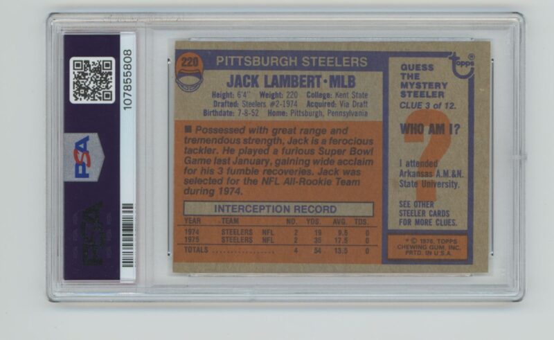 1976 TOPPS JACK LAMBERT ROOKIE PSA 6 PITTSBURGH STEELERS #220 - Image 3