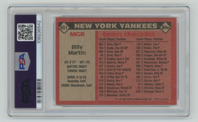1986 TOPPS BILLY MARTIN PSA 6 NEW YORK YANKEES #651 PSA 6 POP 11 - Image 3