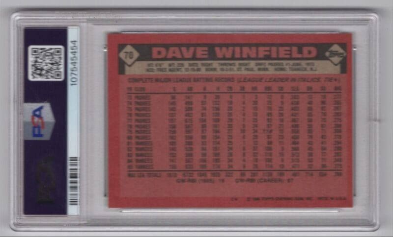 1986 TOPPS DAVE WINFIELD 20.00 7 NEW YORK YANKEES #70 - Image 3