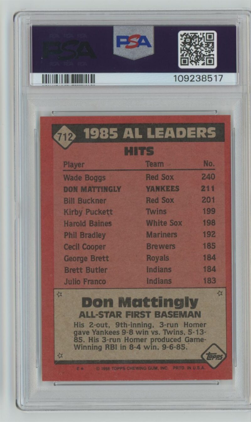 1986 TOPPS DON MATTINGLY PSA 7 NEW YORK YANKEES #712 - Image 3
