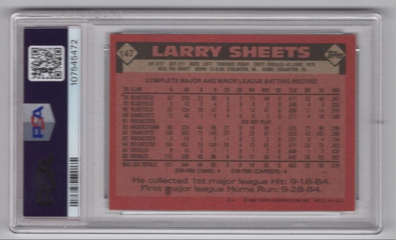 1986 TOPPS LARRY SHEETS PSA 8 BALTIMORE ORIOLES #147 POP 5 - Image 3