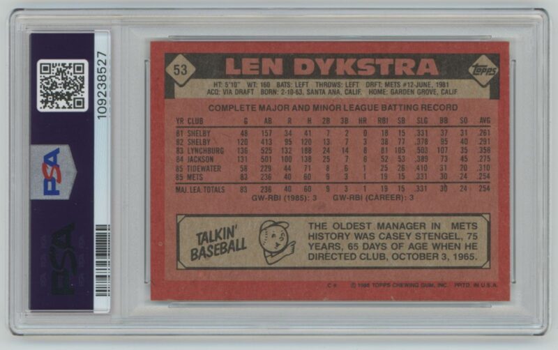 1986 TOPPS LEN DYKSTRA ROOKIE PSA 5 NEW YORK METS #53 - Image 3