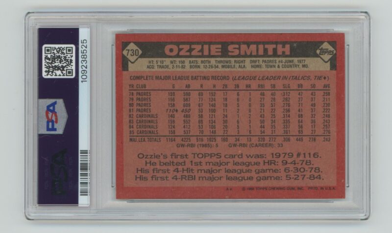 1986 TOPPS OZZIE SMITH PSA 8 ST. LOUIS CARDINALS #730 - Image 3