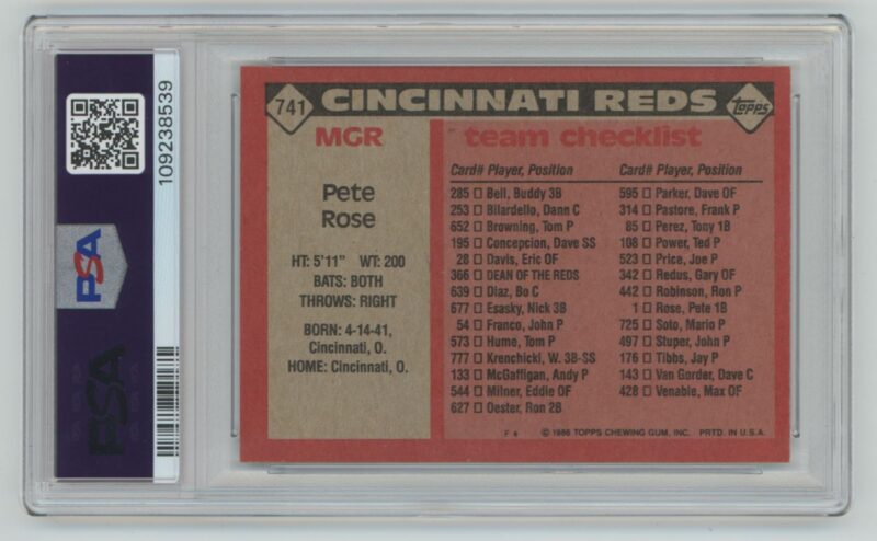 1986 TOPPS PETE ROSE PSA 9 CINCINNATI REDS #741 - Image 3