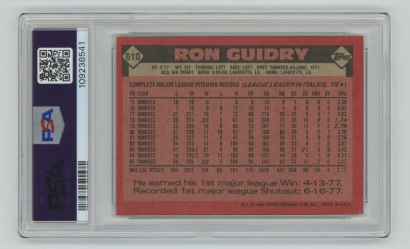 1986 TOPPS RON GUIDRY PSA 7 NEW YORK YANKEES #610 - Image 3