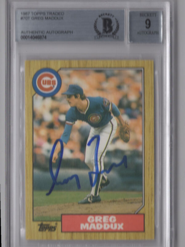 1987 TOPPS 3-15 GREG MADDUX ROOKIE AUTO BECKETT CHICAGO CUBS #70 AUTO 9