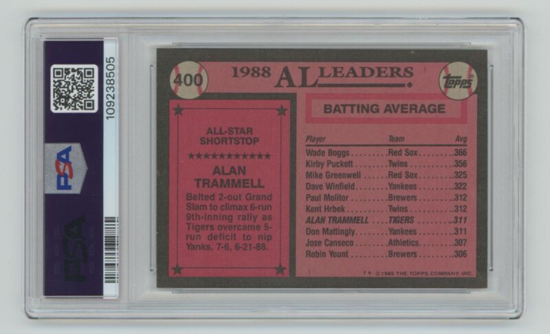 1989 TOPPS ALAN TRAMMELL PSA 8 DETROIT TIGERS #400 TOTAL POP 91 - Image 3