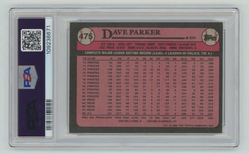 1989 TOPPS DAVE PARKER PSA 6 OAKLAND ATHLETICS #475 POP 1, TOTAL POP 48 - Image 3