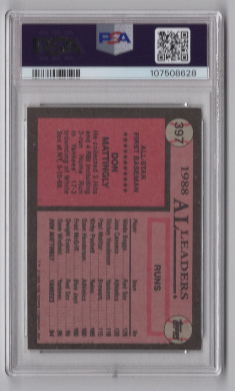 1989 TOPPS DON MATTINGLY PSA 9 NEW YORK YANKEES #397 - Image 3