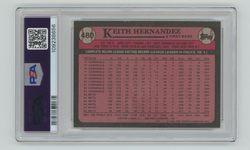 1989 TOPPS KEITH HERNANDEZ PSA 8 NEW YORK METS #480 PSA 8 POP 21 - Image 3