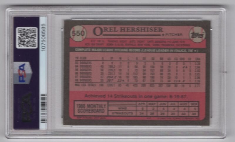 1989 TOPPS OREL HERSHISER PSA 9 LOS ANGELES DODGERS #550 POP 25 - Image 3