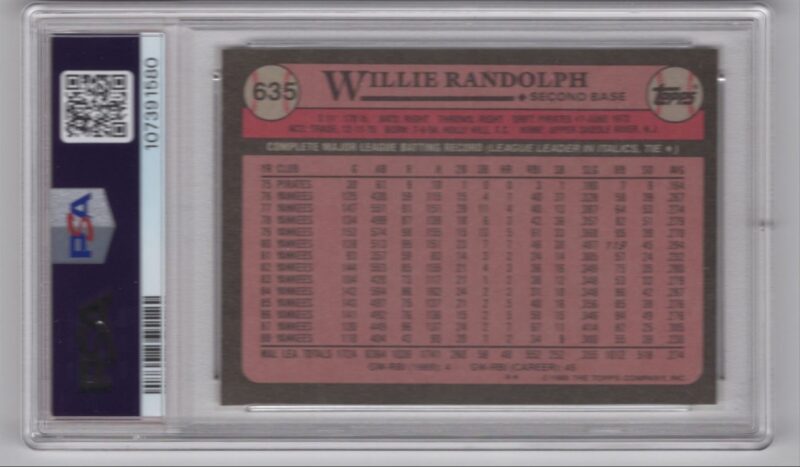 1989 TOPPS WILLIE RANDOLPH PSA 9 NEW YORK YANKEES #635 POP 5, TOTAL POP 19 - Image 3