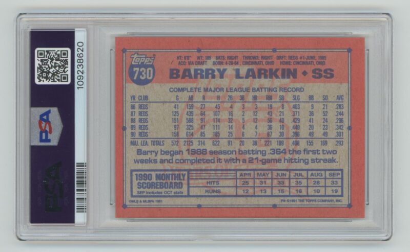 1991 TOPPS BARRY LARKIN PSA 9 CINCINNATI REDS #730 - Image 3