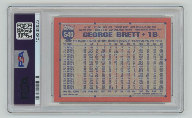 1991 TOPPS GEORGE BRETT PERFECT PSA 10 PSA 10 HOUSTON ASTROS #540 - Image 3