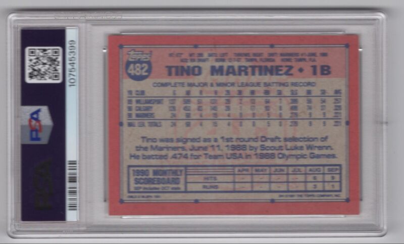1991 TOPPS TINO MARTINEZ PSA 8 SEATTLE MARINERS #482 POP 8 ONLY 12 HIGHER - Image 3