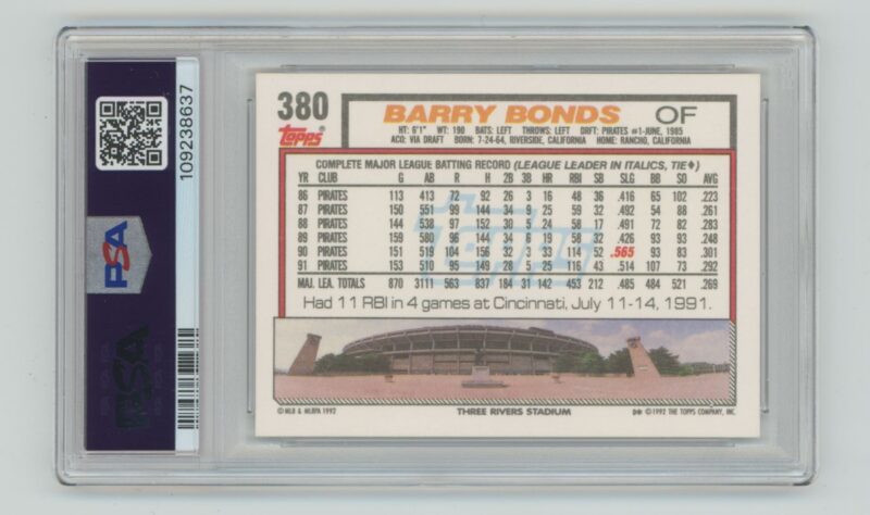 1992 TOPPS BARRY BONDS PSA 8 PITTSBURGH PIRATES #380 - Image 3