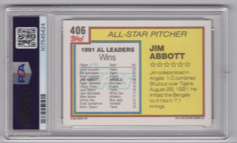 1992 TOPPS JIM ABBOTT PSA 7 CALIFORNIA ANGELS #406 POP 2 ONLY 9 HIGHER - Image 3