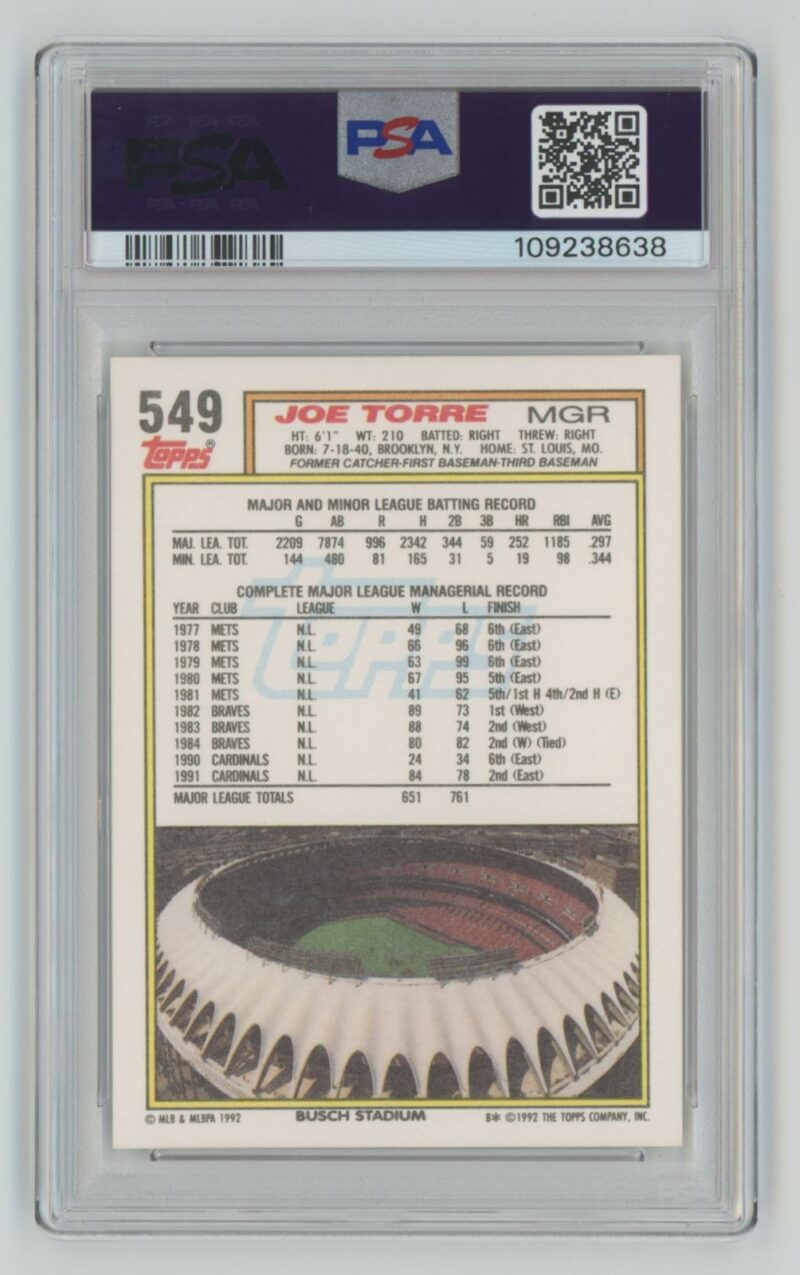 1992 TOPPS JOE TORRE PSA 9 ST. LOUIS CARDINALS #549 - Image 3