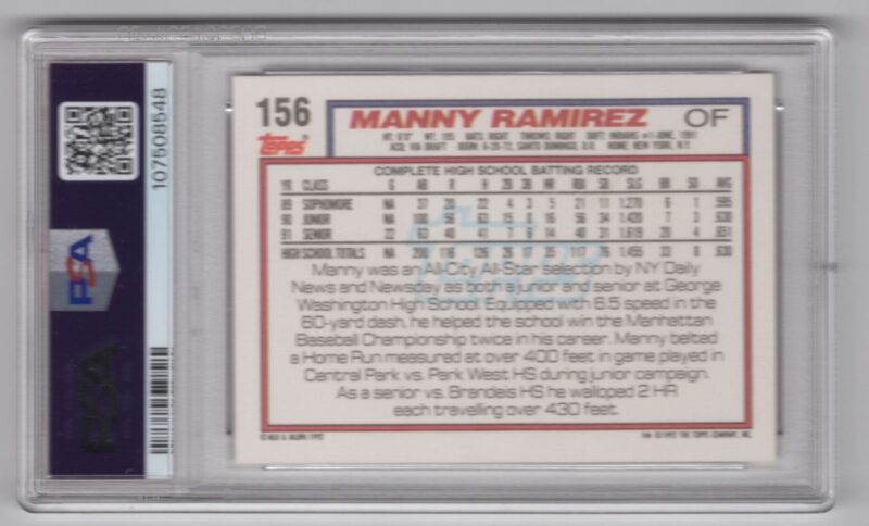 1992 TOPPS MANNY RAMIREZ ROOKIE PSA 9 CLEVELAND INDIANS #156 - Image 3