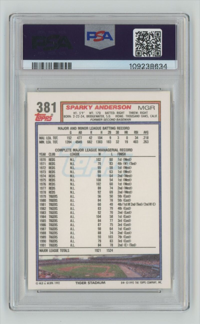 1992 TOPPS SPARKY ANDERSON PSA 9 DETROIT TIGERS #381 POP 11, TOTAL POP 73 - Image 3