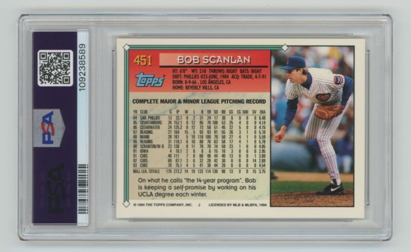 1994 TOPPS BOB SCANLAN PSA 8 CHICAGO CUBS #451 - Image 3