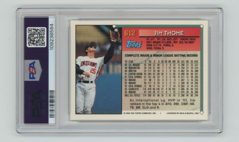 1994 TOPPS JIM THOME PSA 6 CLEVELAND INDIANS #612 POP 2, TOTAL POP 45 - Image 3